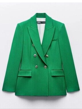 ZARA Double-Breasted Green Blazer Jacket Viscose Blend S